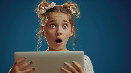 Child's Astonishing Digital Discovery, young girl with expressive eyes shows a look of awe and surprise while holding a tablet, symbolizing the impact of technology on youth