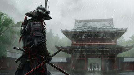 a epic samurai with a weapon sword standing in front of a old japanese temple shrine. rainy day with grey sky and tones. asian culture. pc desktop wallpaper background  - obrazy, fototapety, plakaty