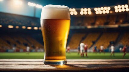 Chilled Glass of Beer Served on Wooden Bar Overlooking a Stadium at Night