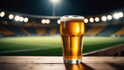 Foto op Canvas A refreshing glass of amber beer sits on a wooden surface with a softly lit soccer stadium in the background, capturing a relaxing moment at a nighttime event. © OlScher