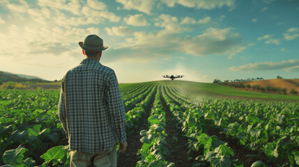 A Farmer Using Drone Technology on the Farm for analyze seed growing
 - obrazy, fototapety, plakaty