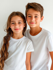 Little cute boy and girl child kid baby wearing white shirt clothes isolated on white background, children studio portrait for advertising photography. 
