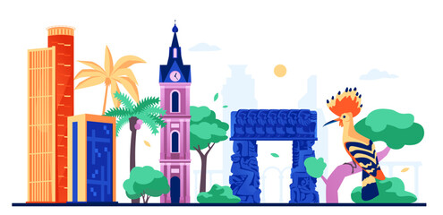Eclectic architecture in Israel - modern colored vector illustration with Gate of Faith in Jaffa and its clock tower, complex of three skyscrapers Azrieli Center Mall. Hoopoe bird sitting on a branch
