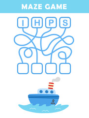 Word maze worksheet for kids with cute SHIP illustration. Labyrinth game for preschool children. Fun spelling practice activity.