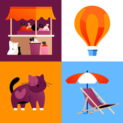 Fototapeta na wymiar Holidays in Turkey - set of flat design style illustrations. Colored images of flying hot air balloon, spice market, parasol and sun lounger for the beach, cute cat. Summer holidays in exotic country