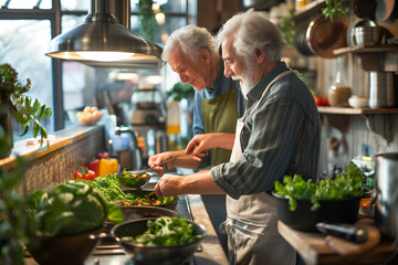 Lifetime learning concept - senior couple has cooking class - obrazy, fototapety, plakaty