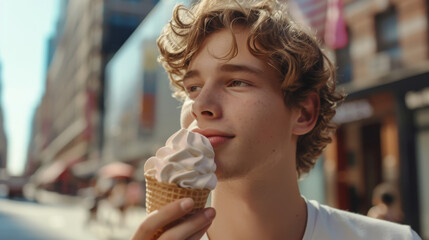 a handsome young white american model man holding and eating a gelato ice cream in a cone outside...