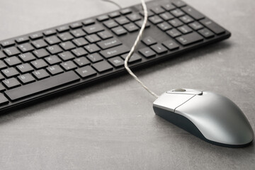 Computer mouse and keyboard on the desktop. No people Indoors.