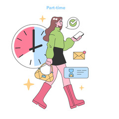 Confident woman manages her time efficiently, juggling part-time work and personal tasks. Embracing flexibility and balance. Flat vector illustration