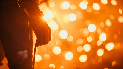 A man's hand is holding a guitar chord against a background of orange lights to convey the...