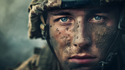 Dramatic close up portrait of soldier in helmet. Concept of a man at war