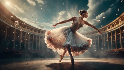 Wall murals Dance School young and graceful ballet dancer in white tutu is performing choreography on theater stage under dramatic lights