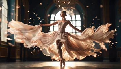 Foto op Plexiglas Dansschool young and graceful ballet dancer in white tutu is performing choreography on theater stage under dramatic lights