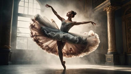 Fototapete Tanzschule young and graceful ballet dancer in white tutu is performing choreography on theater stage under dramatic lights