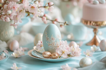 Fototapeta na wymiar Easter Decor with Pastel Eggs and Spring Blossoms , A charming Easter setting with pastel-colored eggs nestled among delicate spring blossoms, evoking a sense of renewal and celebration.