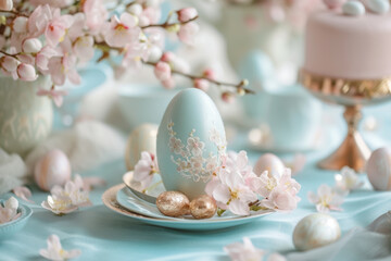 Fototapeta premium Easter Decor with Pastel Eggs and Spring Blossoms , A charming Easter setting with pastel-colored eggs nestled among delicate spring blossoms, evoking a sense of renewal and celebration.