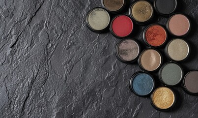 Obraz na płótnie Canvas Assorted eyeshadow colors displayed on a dark slate background, with copy space, showcasing a range of makeup products.