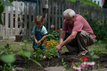 Senior concept - grandparents gardening with children