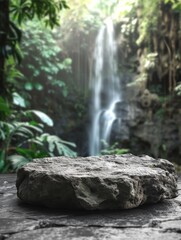 A large blank podium from rough gray rock, against blurred waterfall surrounded by lush greenery on background