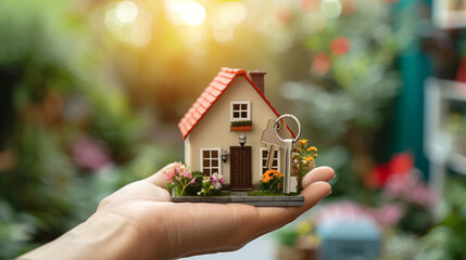 Small model house with a key in hand.