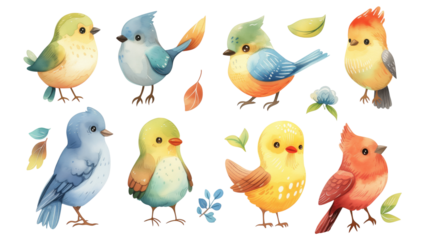 Set of cute watercolor cartoon birds on a transparent background. Clipart PNG.