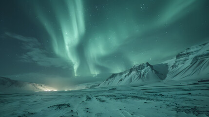 A photo of the Northern Lights over Iceland, with snow-covered mountains as the background, during a clear winter night