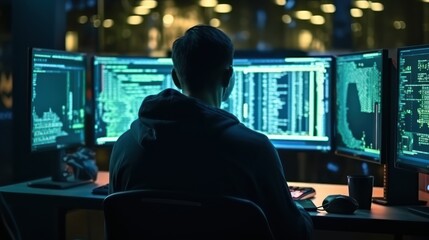 Fototapeta premium Programmers sit in front of the computer and write the source code and make changes to it
