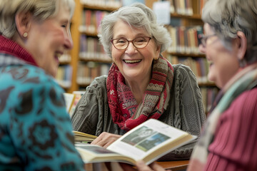 Senior people having bookclub in the library - 733913005