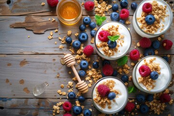 Obraz na płótnie Canvas High angle view of three drinking glasses full of greek yogurt, granola and berry fruits 
