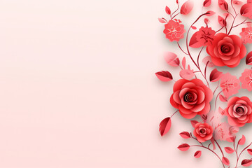 Paper cut red rose flowers of blooming branch in right corner on minimal pink background with empty copy space for text. Greeting card mock up banner