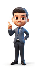 Happy smile cartoon character office businessman person in 3d style design pointing finger attention idea in blue suit on light background. Human people feelings expression concept