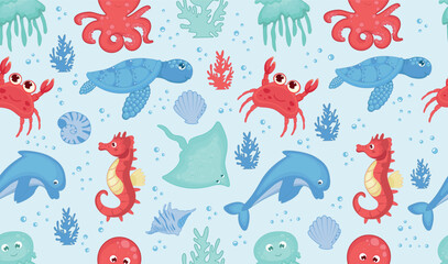 Seamless pattern sea animals. Marine inhabitants - octopus, crab, dolphin, seahorse, sea turtle, coral, sea background. Colorful pattern for fabric and paper, invitations, cards. Vector illustration.