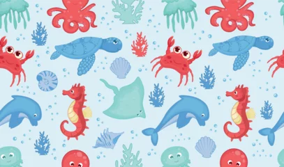 Poster In de zee Seamless pattern sea animals. Marine inhabitants - octopus, crab, dolphin, seahorse, sea turtle, coral, sea background. Colorful pattern for fabric and paper, invitations, cards. Vector illustration.