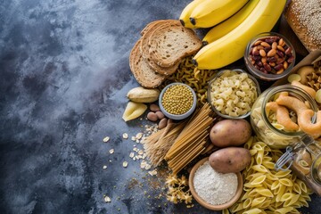 High angle view of various kinds of food rich in carbohydrates 