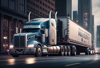 Big rig semi truck with long dry van semi trailer turning on the crossroad street intersection with busy city traffic. Generative AI