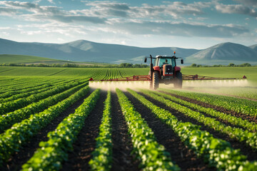 Agriculture tractor spraying fertilizer on agricultural field. Smart agriculture farming, agricultural food crops technology concept. - obrazy, fototapety, plakaty