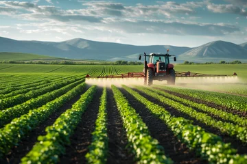 Photo sur Plexiglas Tracteur Agriculture tractor spraying fertilizer on agricultural field. Smart agriculture farming, agricultural food crops technology concept.