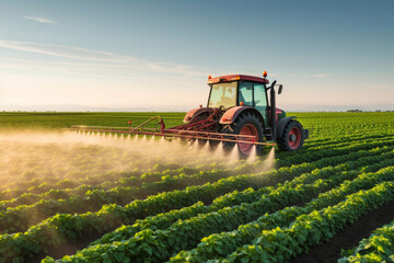 Fototapeta premium Agriculture tractor spraying fertilizer on agricultural field. Smart agriculture farming, agricultural food crops technology concept.