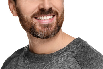 Smiling man with healthy clean teeth on white background, closeup