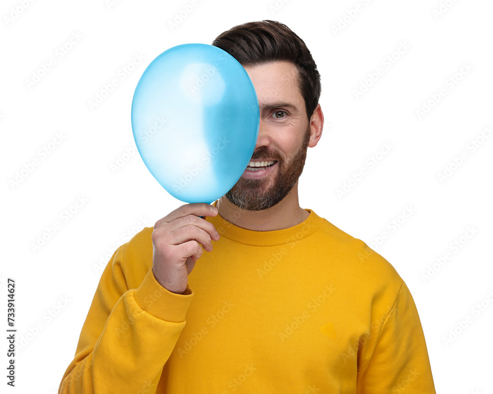 Sticker Happy man with light blue balloon on white background