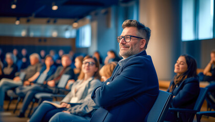Obraz premium Speaker at meeting, coach training, speaker, business, corporate training. Architecture. Business meeting at company, businesspeople discussing their goals, business venture.