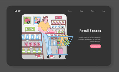 Supermarket Savvy Shopper. Woman excitedly fills her cart in an aisle bursting with promotions, from fresh produce to bottled delights. Grocery spree, savings abound. Flat vector illustration