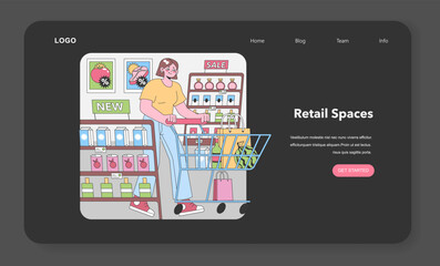 Naklejka premium Supermarket Savvy Shopper. Woman excitedly fills her cart in an aisle bursting with promotions, from fresh produce to bottled delights. Grocery spree, savings abound. Flat vector illustration