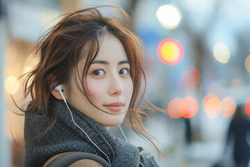 Young Woman Listening to Music With Earphones in Urban Evening Setting