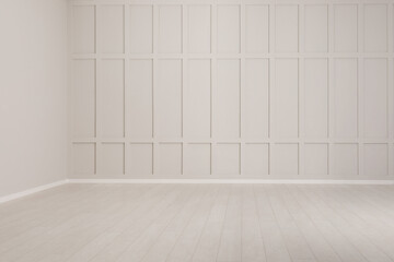 Empty room with beige walls and laminated flooring
