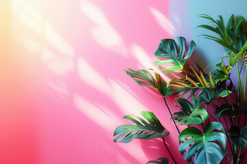 Tropical Houseplants Bathed in Warm Sunlight Against a Vibrant Pink and Blue Background