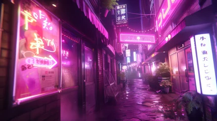 Poster a realistic pc desktop wallpaper of a futuristic cyberpunk japanese tokyo city narrow street road at night. pink and purple neon lights on bar boards screens © oldwar