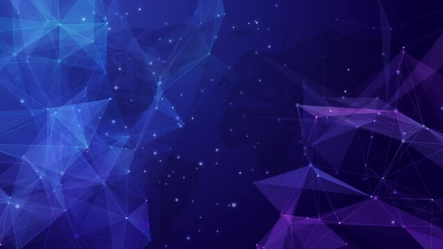 Abstract mash line and point scales on dark blue background with map of world. Polygonal network line, dot and structure. Loop motion graphic.
