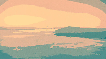 Ilustracja grafika krajobraz morze góry ptaki widok z góry plakat pastelowe barwy.