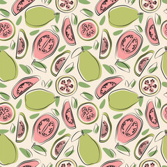 Seamless pattern with guava in flat style. Fruit flat minimal Vector illustration.